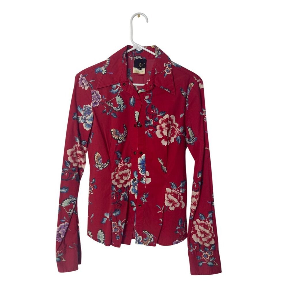 Just Cavalli Red Floral Long Sleeve Button-Up Shirt XS Cotton Womens